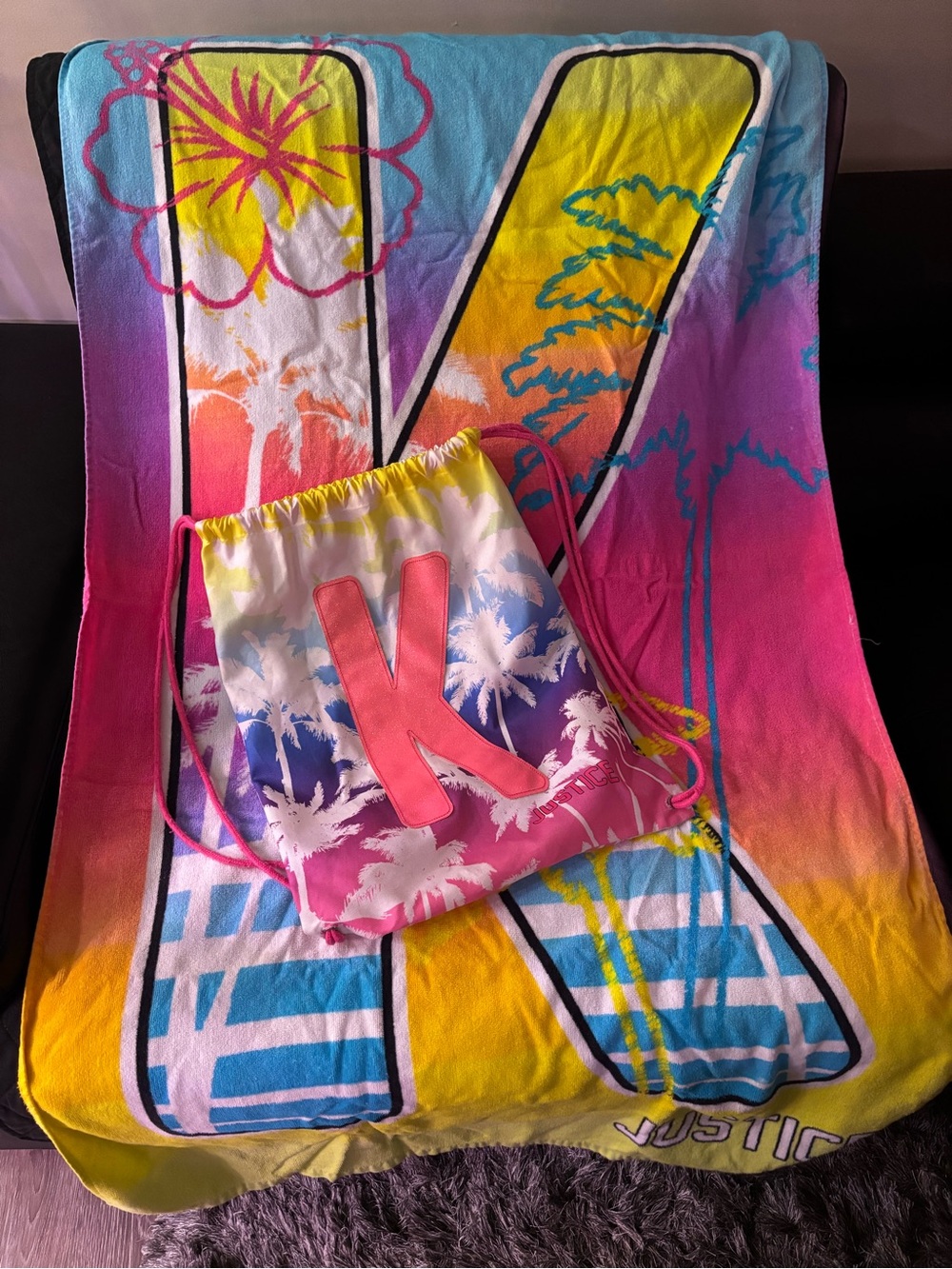 Justice Initial “K” Beach Towel with Tote